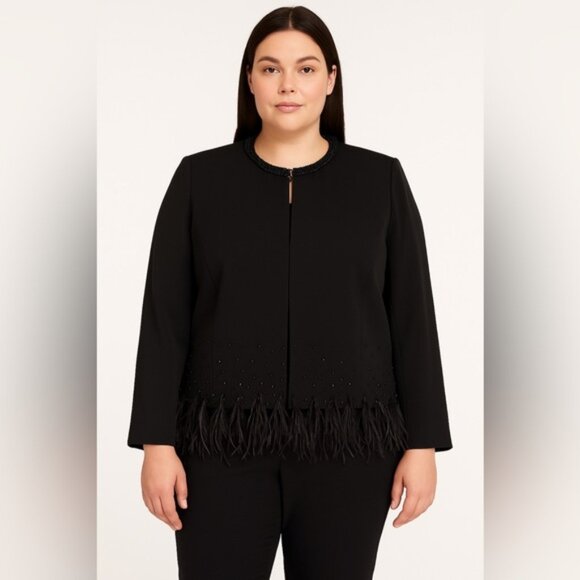 Marina Rinaldi Made in Italy Black Beaded Feather Hem Blazer Jacket IT 52 /US 18 - Picture 1 of 8